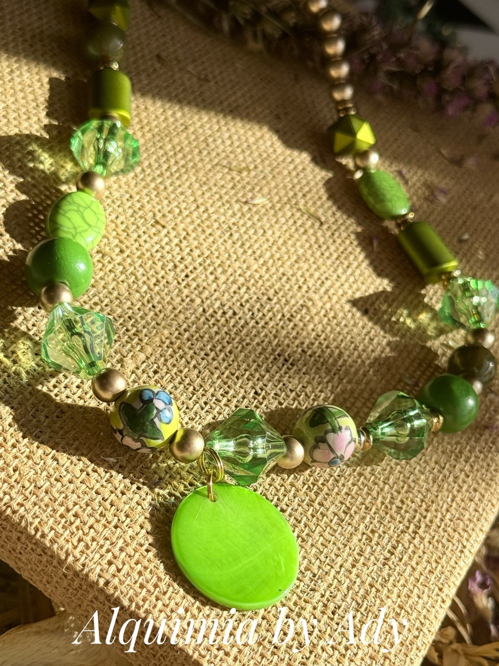Bright Green Floral Bead Necklace with Round Pendant